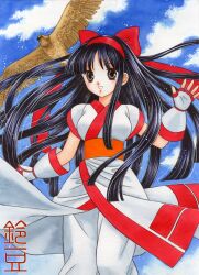  1girl ainu_clothes black_hair breasts brown_eyes fingerless_gloves gloves highres large_breasts legs long_hair looking_at_viewer mamahaha nakoruru open_mouth pants parted_lips samurai_spirits snk thighs traditional_media  rating:General score:0 user:spk
