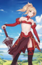 1girl bare_shoulders braid cloud detached_collar detached_sleeves fate/grand_order fate_(series) green_eyes highres midriff mordred_(fate) navel outdoors personal_ami ponytail scrunchie skindentation sky solo strapless sword thighhighs tube_top weapon wind rating:General score:42 user:danbooru