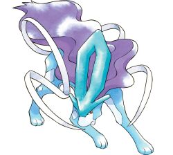 :&lt; animal_focus creatures_(company) full_body game_freak gen_2_pokemon highres horns legendary_pokemon long_hair looking_at_viewer multiple_tails nintendo no_humans non-web_source official_art open_mouth pokemon pokemon_(creature) pokemon_gsc red_eyes simple_background solo sugimori_ken suicune tail transparent_background walking