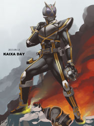 1boy belt fire helmet kamen_rider kamen_rider_555 kamen_rider_kaixa male_focus mask melted obui riotrooper sand solo 