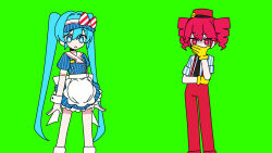  2girls a-pose apron back_bow badge black_choker black_necktie blue_dress blue_eyes blue_hair blue_hat blue_shirt bow bright_pupils button_badge buttons channel_(_caststation) choker collared_shirt covering_own_mouth deformed double-breasted double-parted_bangs dress drill_hair eyelashes fanged_bangs feet_out_of_frame frilled_dress frills gloom_(expression) green_background hair_between_eyes hair_intakes hand_on_own_opposite_hip hand_over_own_mouth hand_up hat hat_bow hatsune_miku highres kasane_teto kepi legs_apart long_bangs long_hair looking_at_viewer mesmerizer_(vocaloid) military_hat multiple_girls name_tag necktie open_hand open_mouth pants pinstripe_dress pinstripe_hat pinstripe_pattern puffy_short_sleeves puffy_sleeves raised_eyebrow red_bow red_hair red_hat red_pants shirt short_dress short_sleeves simple_background sleeves_rolled_up smiley_face standing striped_bow striped_clothes striped_headwear striped_shirt suspenders sweat twin_drills twintails two-tone_bow utau very_long_hair visor_cap vocaloid waist_apron white_apron white_bow white_pupils white_wrist_cuffs wrist_cuffs  rating:General score:4 user:danbooru