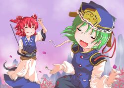  2girls :d :p absurdres arm_up black_skirt blue_dress blue_vest brown_sash buttons closed_eyes coin coin_on_string dress flower fog frilled_hat frills green_hair hair_bobbles hair_ornament hat highres holding holding_flower holding_petal holding_scythe iruka_no_hito light_blush long_sleeves mountain multiple_girls obi obidome onozuka_komachi open_mouth outdoors petals red_hair red_ribbon ribbon ribbon-trimmed_skirt ribbon-trimmed_vest ribbon_trim sash scythe shiki_eiki short_hair short_sleeves skirt smile spider_lily tongue tongue_out touhou two_side_up vest white_ribbon 