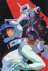  1980s_(style) 1990s_(style) 1boy aiming aiming_at_viewer amuro_ray astronaut beam_rifle commentary earth_federation energy_gun english_commentary glint gloves gundam helmet highres key_visual mecha mobile_suit mobile_suit_gundam official_art oldschool pilot pilot_helmet pilot_suit promotional_art retro_artstyle robot rx-78-2 scan science_fiction signature spacesuit traditional_media upper_body v-fin weapon yamane_masahiro 