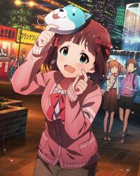 amami_haruka brown_hair building card_(medium) faceless fountain green_eyes idolmaster idolmaster_million_live! idolmaster_million_live!_theater_days japanese_text lamppost mask official_art open_mouth twintails 