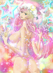  1girl artificial_vagina ass blue_eyes breasts female_focus hat highres large_breasts long_neck manga-line nipples panties patchouli_knowledge pink_hair pink_panties sex_toy solo standing topless touhou underwear 
