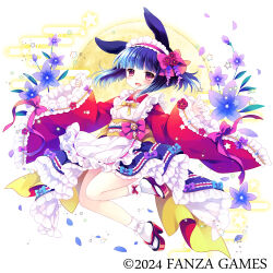  1girl :d animal_ears apron blue_bow blue_flower blue_hair blue_skirt bow character_request commentary_request egasumi fang flower frilled_apron frilled_hairband frilled_skirt frilled_sleeves frills full_body hairband high_heels japanese_clothes kimono knees_together_feet_apart long_hair long_sleeves looking_at_viewer maid_apron meshiya_girls official_art open_mouth petals pink_bow platform_clogs purple_bow purple_hairband red_eyes red_footwear red_kimono sakurazawa_izumi sandals skirt sleeves_past_wrists smile socks solo white_apron white_socks wide_sleeves zouri 