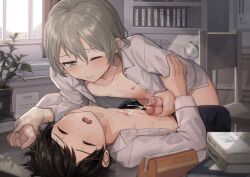  2boys artist_request black_hair blush classroom closed_eyes clothed_sex clothes_pull cum cum_on_body frottage grey_eyes grey_hair happy_sex multiple_boys nipples one_eye_closed pants pants_pull pectorals penis public_indecency school_uniform sex shota sunaba_(nczd5875) wink yaoi  rating:Explicit score:326 user:TickTack