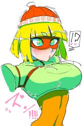  !? 1girl @_@ ahegao armor arms_(game) beanie blonde_hair blunt_bangs blush bob_cut bouncing_breasts breasts domino_mask drooling fudan_no_ha green_eyes hat implied_futanari japanese_text large_breasts mask min_min_(arms) nintendo open_mouth shaking short_hair solo speech_bubble sweat upper_body white_background 