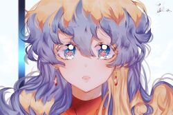  1girl bad_id bad_pixiv_id blue_hair close-up cross-shaped_pupils earrings highres jewelry jina long_hair looking_at_viewer multicolored_hair nia_teppelin open_mouth signature simple_background solo symbol-shaped_pupils tengen_toppa_gurren_lagann two-tone_hair white_background 