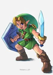  blonde_hair blue_eyes boots brown_footwear green_skirt green_tunic highres hylian_shield leather leather_belt leather_boots link nintendo open_mouth phrygian_cap pointy_ears shield skirt takapon-o-ji the_legend_of_zelda the_legend_of_zelda:_majora&#039;s_mask young_link 