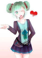 1girl alternate_hairstyle arm_behind_back bad_id bad_pixiv_id double_bun green_eyes green_hair hair_ornament hairclip hatsune_miku jewelry matching_hair/eyes necklace one_eye_closed open_mouth shun shunnosuke skirt smile solo vocaloid wink 