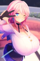  1girl absurdres blurry blurry_background breasts choker cleavage dot_nose female_focus grin highres honkai:_star_rail honkai_(series) huge_breasts ituki_gi looking_at_viewer march_7th_(honkai:_star_rail) one_eye_closed pink_hair skirt smile solo v_over_eye wink 