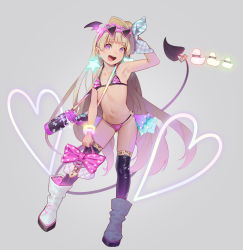 1girl absurdres arm_up armpits bag bare_shoulders bikini blonde_hair blush boots bow cameltoe demon_tail eyewear_on_head fang flat_chest full_body glowing grey_background heart heart-shaped_eyewear highres horns jewelry loli long_hair looking_at_viewer micro_bikini muk_(monsieur) multicolored_hair navel o-ring o-ring_bikini open_mouth original pink_bow purple_eyes rubber_duck shoes simple_background smile solo standing star_(symbol) string_bikini sunglasses swimsuit tail thighhighs tongue tongue_out very_long_hair rating:Sensitive score:409 user:danbooru