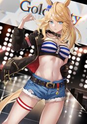  1girl absurdres animal_ears bandeau black_choker black_jacket blonde_hair blue_bow blue_eyes bow breasts character_name choker commentary_request cowboy_shot cutoffs denim denim_shorts gold_city_(umamusume) hair_bow highres horse_ears jacket long_hair long_sleeves looking_at_viewer midriff murazo_(0606) navel off_shoulder parted_lips short_shorts shorts single_bare_shoulder small_breasts solo standing stomach strapless striped_bandeau thigh_strap thighs tube_top umamusume 