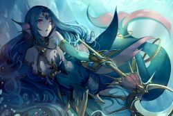  1girl animal_ears blue_gloves blue_hair breasts elbow_gloves facial_mark fins forehead_mark gloves head_fins highres holding holding_staff jewelry large_breasts long_hair mermaid monster_girl parted_bangs parted_lips pink_eyes resized solo staff swimming underwater very_long_hair waifu2x walzrj  rating:Sensitive score:13 user:Overcat