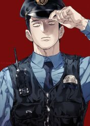  1boy absurdres bags_under_eyes blue_shirt closed_mouth collared_shirt fingernails highres leeis_cool long_sleeves looking_at_viewer male_focus mature_male mob_psycho_100 police police_uniform red_background serizawa_katsuya shirt small_pupils solo twitter_username uniform vest walkie-talkie 