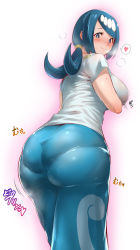 1girl ass bad_id bad_pixiv_id blue_eyes blue_hair blush breasts colored_skin covered_erect_nipples creatures_(company) game_freak heart heart-shaped_pupils highres huge_ass ikuchan_kaoru lana&#039;s_mother_(pokemon) large_breasts looking_at_viewer looking_back mature_female md5_mismatch multicolored_skin nintendo pantylines pokemon pokemon_(anime) pokemon_sm_(anime) ponytail resolution_mismatch skirt smile solo source_smaller spoken_heart sweat symbol-shaped_pupils thighs tight_clothes translation_request rating:Questionable score:119 user:danbooru