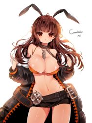  10s 1girl animal_collar animal_ears backlighting belt between_breasts bikini blade_&amp;_soul blush breasts brown_eyes brown_hair buckle chain cleavage collar contrapposto cowboy_shot fake_animal_ears fur_trim gingin8926 jacket large_breasts long_hair looking_at_viewer miniskirt navel open_clothes open_jacket open_mouth original pencil_skirt rabbit_ears simple_background skirt solo standing swimsuit white_background yellow_bikini zipper  rating:Sensitive score:39 user:danbooru
