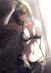  1girl absurdres arm_up armpits bare_shoulders bikini black_bikini black_hair black_pants blush breasts cleavage clothes_pull collarbone commentary_request cowboy_shot groin hair_between_eyes halterneck hand_on_own_head highres idolmaster idolmaster_shiny_colors ikaruga_luca large_breasts looking_at_viewer misanga_(hxjd5354) navel navel_piercing pants pants_pull parted_lips piercing short_hair solo standing stomach swimsuit thigh_gap thighs underwear underwear_only yellow_eyes 