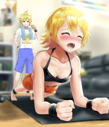 1boy 1girl absurdres air_conditioner ankleband bad_id bad_pixiv_id banana banana_print blonde_hair blurry blurry_background blush breasts brother_and_sister cleavage clenched_hands closed_eyes commentary couch depth_of_field eating exercising food foreshortening fruit furrowed_brow hand_on_own_hip highres indoors itogari kagamine_len kagamine_rin mat nail_polish open_mouth orange_shorts planking shelf shirt short_hair shorts shoulder_tattoo siblings spiked_hair sports_bra standing sweat t-shirt tattoo toenail_polish toenails towel vocaloid wooden_floor wristband yellow_nails rating:Sensitive score:26 user:danbooru