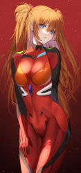 1girl absurdres ame_816 arm_behind_back blue_eyes bodysuit breasts brown_hair commentary_request covered_navel cowboy_shot gradient_background hair_ornament hand_on_own_thigh highres leaning_forward light_particles long_hair looking_at_viewer neon_genesis_evangelion orange_hair plugsuit red_bodysuit red_theme solo souryuu_asuka_langley standing twintails two_side_up very_long_hair rating:Sensitive score:22 user:danbooru