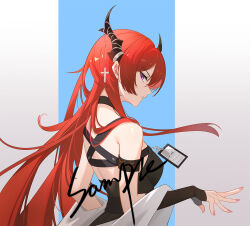  1girl arknights armband bare_shoulders black_choker black_dress choker commentary criss-cross_back-straps cross debu_xiao_huajiang dress highres horns infection_monitor_(arknights) long_hair looking_at_viewer parted_lips purple_eyes red_hair sleeveless sleeveless_dress solo surtr_(arknights) upper_body very_long_hair 