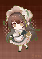  1girl absurdres apron bag brown_eyes brown_hair chibi cup dress girls&#039;_frontline green_hair heituitui highres m4a1_(fluffy_fruit_tea)_(girls&#039;_frontline) m4a1_(girls&#039;_frontline) maid_apron multicolored_hair official_alternate_costume pantyhose puffy_sleeves solo streaked_hair teacup teapot tray white_pantyhose 