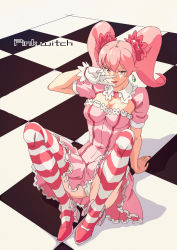 1girl arm_behind_back arm_support bad_id bad_pixiv_id breasts character_request checkered_floor cleavage cleavage_cutout closed_mouth clothing_cutout covered_navel dress earrings eyelashes fingernails frilled_skirt frills gloves hair_between_eyes hair_ornament hand_to_own_mouth hand_up highres jewelry knees_up long_fingernails looking_at_viewer magical_girl mile_(lancermoon) mole mole_under_eye nail_polish original panties pantyshot pink_dress pink_eyes pink_footwear pink_hair reclining red_lips red_nails shoes short_sleeves single_glove sitting skirt smile solo striped_clothes striped_thighhighs thighhighs twintails underwear v white_gloves white_panties