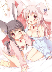 2girls :&lt; :d all_fours animal_ears areola_slip arm_support bad_id bad_pixiv_id bare_legs bare_shoulders bed black_hair blush bottomless bow breasts brown_eyes choker cleavage downblouse dutch_angle ear_ribbon fang female_focus finger_to_face hair_bow hanging_breasts heart kneeling large_breasts legs long_hair looking_at_viewer loose_socks multiple_girls naked_sweater no_bra off-shoulder off-shoulder_sweater off_shoulder on_bed one_eye_closed open_mouth original pan_(mimi) pink_hair pink_legwear polka_dot polka_dot_legwear rabbit_ears rabbit_girl rabbit_tail red_eyes ribbed_sweater ribbon rubbing_eyes sitting sleepy sleeves_past_wrists small_breasts smile socks star_(symbol) sweater tail very_long_hair wince yellow_legwear yokozuwari rating:Questionable score:39 user:danbooru