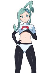  1girl ahoge alternate_breast_size alternate_costume aqua_eyes black_gloves black_pantyhose blush breasts closed_mouth clothes_lift commentary_request creatures_(company) cropped_jacket earrings elbow_gloves game_freak gloves green_hair hair_ornament hand_on_own_hip highres jacket jacket_lift jewelry lifted_by_self lisia_(pokemon) logo medium_breasts navel nintendo panties panties_over_pantyhose pantyhose pokemon pokemon_oras simple_background smile solo team_rocket team_rocket_uniform tonbi_(enbitonbi) underwear white_background white_jacket white_panties 
