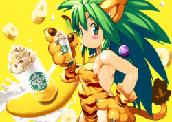  1girl animal_ears animal_hands animal_print banana banana_slice big_hair blush brand_name_imitation breasts cat_ears cat_tail cham_cham claws covered_erect_nipples cup disposable_cup dress food food-themed_background frappuccino from_side fruit gloves green_eyes green_hair hair_bobbles hair_ornament halter_dress halterneck hand_on_own_hip holding holding_cup long_hair no_bra paw_gloves print_dress samurai_spirits sideways_glance solo starbucks tail tiger_print torn_clothes whipped_cream yellow_background yu_3 