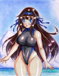  1girl absurdres beach blue_eyes bow breasts brown_hair covered_navel curvy gal_gun gal_gun_double_peace hair_bow hair_ribbon hairband highres kamizono_shinobu large_breasts legs long_hair ocean one-piece_swimsuit open_mouth ribbon solo swimsuit thick_thighs thighs traditional_media water wide_hips 