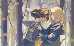  2boys absurdres androgynous black_neckerchief black_serafuku blonde_hair blue_eyes branch brown_hair chengya_huanwo closed_eyes forest from_side ginkgo_leaf ginkgo_tree hands_on_another&#039;s_arms hands_on_another&#039;s_shoulders highres imminent_hug leaf lies_of_p long_hair male_focus medium_hair multiple_boys nature neckerchief parted_bangs pinocchio_(lies_of_p) profile romeo_(lies_of_p) school_uniform serafuku upper_body yaoi 