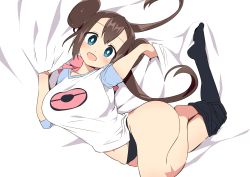 1girl :d black_pantyhose blue_eyes bow brown_hair commentary_request creatures_(company) double_bun game_freak hair_bun long_hair nintendo on_bed open_mouth panties pantyhose pink_bow pokemon pokemon_bw2 rosa_(pokemon) smile solo tottotonero twintails underwear very_long_hair rating:Questionable score:118 user:danbooru
