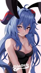 1girl ahoge alternate_costume animal_ears bare_arms bare_shoulders blue_hair breasts cleavage commentary_request erickdvile fake_animal_ears ganyu_(genshin_impact) genshin_impact highres horns leotard long_hair looking_at_viewer playboy_bunny rabbit_ears small_breasts solo strapless upper_body very_long_hair yellow_eyes rating:Sensitive score:19 user:danbooru