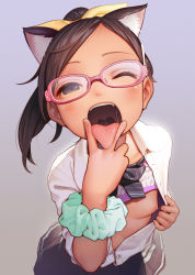 1girl absurdres animal_ears black_hair blouse bow bowtie bra breasts cat_ears cunnilingus_gesture female_focus glasses gradient_background hair_bow hair_ornament hairclip highres leaning_forward loli looking_at_viewer muk_(monsieur) nipples one_breast_out one_eye_closed open_clothes open_mouth open_shirt oral_invitation original pink-framed_eyewear ponytail scrunchie shirt simple_background skirt small_breasts solo striped_bow striped_bowtie striped_clothes teeth tongue tongue_out training_bra underwear upper_teeth_only uvula white_shirt wrist_scrunchie yellow_bow rating:Questionable score:378 user:Dweenie