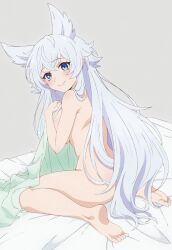 1girl animal_ears artist_request ass barefoot blue_eyes blush breasts completely_nude covering_breasts covering_privates extra_ears eyebrows_hidden_by_hair fenrys from_behind full_body hair_between_eyes highres holding holding_towel large_breasts long_hair looking_at_viewer looking_back lv2_kara_cheat_datta_moto_yuusha_kouho_no_mattari_isekai_life magazine_scan megami_magazine nude official_art on_bed pointy_ears scan sideboob simple_background sitting smile soles solo third-party_source toes towel very_long_hair wariza wolf_ears  rating:Questionable score:14 user:danbooru