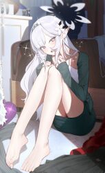  1girl :o alternate_costume bare_legs barefoot bed black_jacket black_skirt blue_archive blush camisole casual feet fingernails flower grey_hair hair_flower hair_ornament halo hand_on_own_knee highres himari_(blue_archive) indoors jacket knees_up long_hair long_sleeves looking_at_viewer nail_polish on_floor pointy_ears sitting skirt solo sparkle toenails toes very_long_hair white_camisole zanya_000  rating:Sensitive score:13 user:danbooru