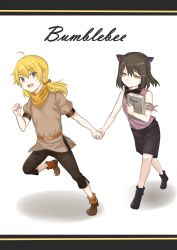  2girls aged_down ahoge animal_ears artist_request bare_arms belt belt_buckle black_hair black_pants black_shorts blake_belladonna blonde_hair book buckle carrying cat_ears cat_girl child clenched_hand closed_mouth english_text facing_another faunus_(rwby) full_body hair_tie half-closed_eyes hand_up happy highres holding holding_book holding_hands leg_lift leg_up long_hair looking_at_another looking_back multiple_girls open_mouth orange_legwear orange_scarf pants purple_eyes purple_shirt running rwby scarf shadow shirt shoes short_hair short_sleeves shorts simple_background sleeveless sleeveless_shirt smile socks teeth tongue twintails white_background yang_xiao_long yellow_eyes  rating:Sensitive score:1 user:deathyoda