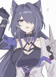  1girl 43ld6 ? acheron_(honkai:_star_rail) alternate_hairstyle animal_ear_fluff animal_ears arm_up armor black_choker black_gloves black_shirt breasts cat_ears chain chain_around_arm choker cleavage coat commentary criss-cross_halter crop_top elbow_gloves gloves hair_intakes hair_over_one_eye halterneck highres honkai:_star_rail honkai_(series) large_breasts long_hair looking_at_viewer multicolored_hair open_mouth purple_eyes purple_hair sharp_teeth shirt shoulder_armor single_bare_shoulder single_elbow_glove solo straight-on streaked_hair symbol-only_commentary teeth upper_body white_background white_coat 