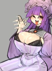  1girl ^_^ black_bra blush bra breasts cleavage cleavage_cutout closed_eyes clothing_cutout commentary dress english_commentary grey_background handjob_gesture hat lace lace_bra large_breasts long_hair looking_up mob_cap motion_blur patchouli_knowledge purple_dress purple_hair purple_hat saliva shigezie sitting solo tongue tongue_out touhou underwear  rating:Sensitive score:26 user:danbooru