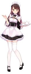  1girl absurdres brown_eyes brown_hair dress highres maid maid_headdress mary_janes shoes smile tea thighhighs white_thighhighs  rating:Sensitive score:7 user:IAMERROR