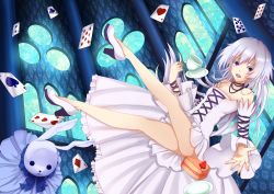  00s 1girl cake card dress food high_heels highres long_hair pandora_hearts purple_eyes tanz white_hair will_of_the_abyss 