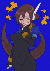  1girl absurdres aile_(mega_man_zx) black_bodysuit blue_background blue_jacket blush bodysuit bodysuit_under_clothes breasts brown_hair buzzlyears commentary covered_collarbone covered_navel cropped_jacket faux_traditional_media glowing green_eyes grin hand_to_own_mouth highres jacket large_breasts long_hair looking_at_viewer mega_man_(series) mega_man_zx mega_man_zx_advent no_pants open_clothes open_jacket ponytail robot_ears simple_background smile smug solo teeth 
