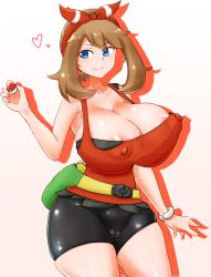 1girl absurdres areola_slip bike_shorts blue_eyes breasts brown_hair cameltoe cleavage covered_erect_nipples creatures_(company) cube_(huidama) curvy game_freak hair_ribbon highres huge_breasts may_(pokemon) nintendo pokemon pokemon_oras ribbon smile solo rating:Questionable score:41 user:JustLewdit