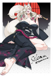 1girl animal_ear_fluff animal_ears breasts cleavage commission fangs fox_ears fox_tail grey_hair hair_over_one_eye holding holding_smoking_pipe huge_breasts japanese_clothes kimono leg_tattoo lips long_hair looking_at_viewer mature_female minchia off_shoulder original red_eyes red_lips shoulder_tattoo skeb_commission smoking_pipe solo tail tattoo teeth yuujo 
