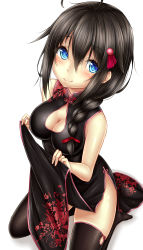  10s 1girl absurdres ahoge akkii_(meragold) bad_id bad_pixiv_id black_hair blue_eyes braid breasts china_dress chinese_clothes cleavage colored_eyelashes colorized derivative_work dress female_focus hair_flaps hair_ornament highres kantai_collection large_breasts long_hair saku_(kudrove) shigure_(kancolle) shigure_kai_ni_(kancolle) single_braid smile solo thighhighs 