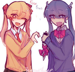 2girls ano_yo_iki_no_bus_ni_notte_saraba artist_name beatrootsheep bow bowtie brown_cardigan cardigan character_name collared_shirt commentary fang hair_bow hand_up heart heart-shaped_pupils heart_hands_failure holding holding_knife knife long_sleeves looking_at_another looking_at_viewer loser_girl_(tuyu) multiple_girls necktie no_nose one_eye_closed open_mouth orange_cardigan pink_bow pink_bowtie pink_ribbon purple_cardigan red_necktie ribbon shirt simple_background skin_fang symbol-shaped_pupils tuyu_(band) twintails white_background wing_hair_ornament yuri 