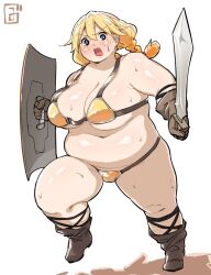  1girl armor bikini bikini_armor blonde_hair blue_eyes blush boots braid breasts fat gloves large_breasts mizsawa navel open_mouth original plump shield solo standing sweat swimsuit sword thick_thighs thighs twin_braids weapon  rating:Questionable score:10 user:Odrum2