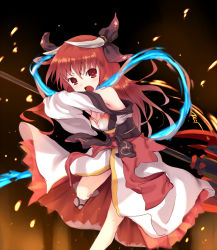 10s 1girl breasts cleavage date_a_live hair_ornament horns itsuka_kotori long_hair long_sleeves nevi_nakuta open_mouth red_eyes red_hair small_breasts solo very_long_hair weapon wide_sleeves rating:Sensitive score:8 user:danbooru